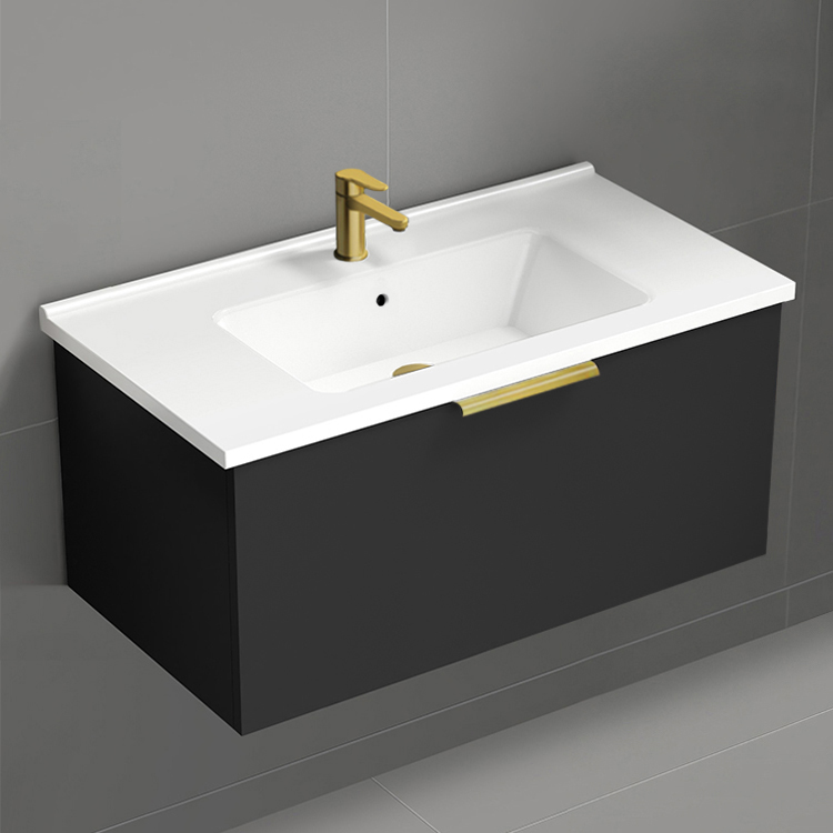 Bathroom Vanity Wall Mounted Black Bathroom Vanity, Modern, 34 Inch, Gold Handle Nameeks BODRUM35